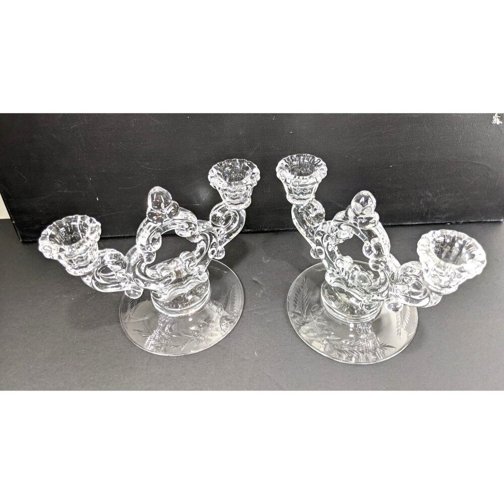 Vintage Clear Glass Double Candle Holders Set
